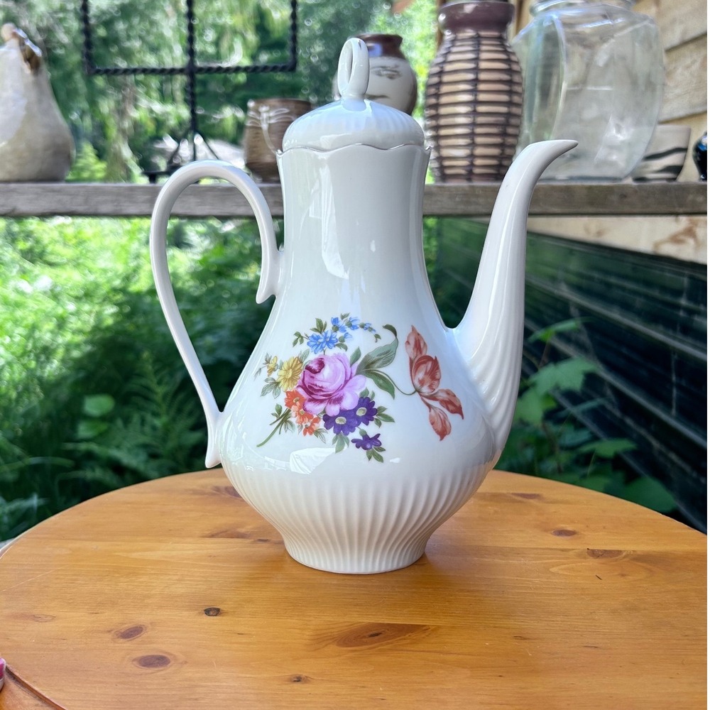 Vintage Porcelain Coffee Pot White Purple Rose Floral Ilmenau Graf Von Henneberg